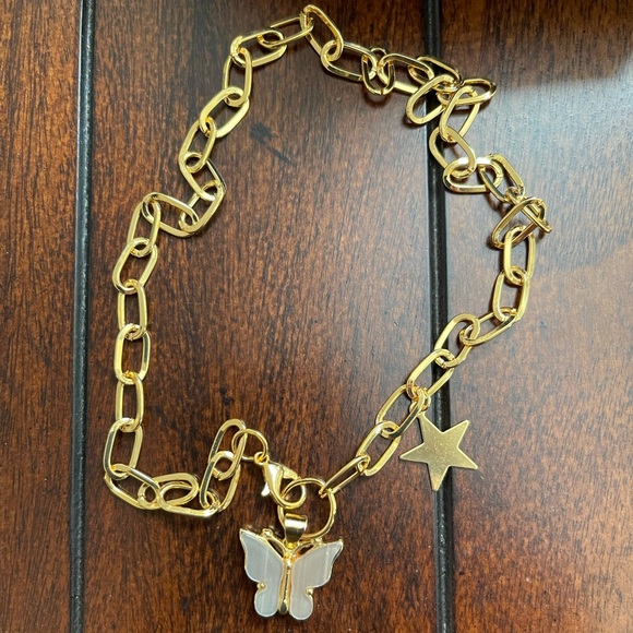 Taupe crystal butterfly & star charm paperclip gold tone necklace - Picture 8 of 8